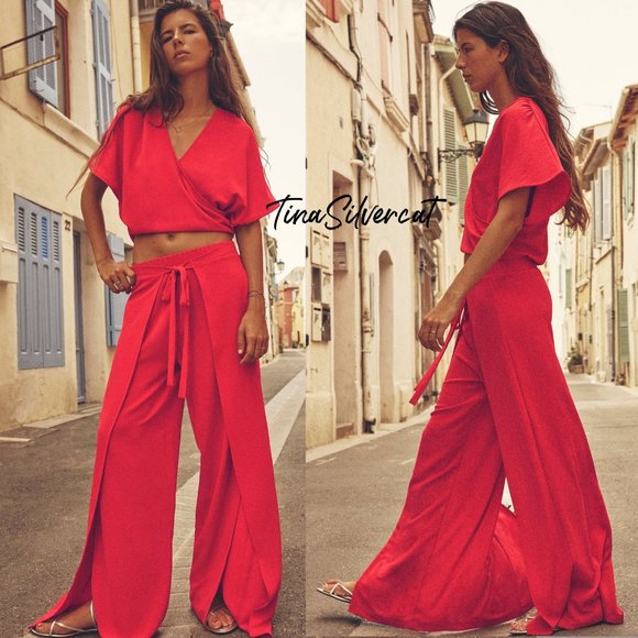 BLOGGER'S FAVE! Zara 2 Piece Red Pants And Wrap Top Set NWT - Picture 3 of 16